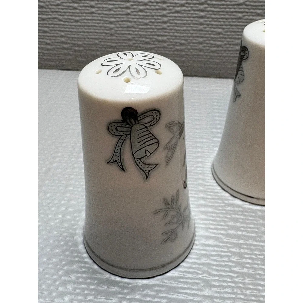 Vintage 25th Wedding Anniversary Salt and Pepper Shakers Silver White Ceramic 3
